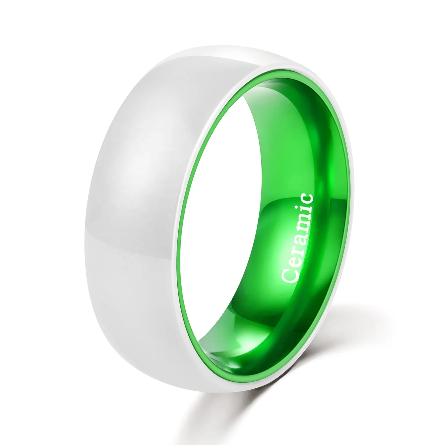 

POYA Jewelry White Ceramic Wedding Band 8mm Domed Mens Ring With Anodized Green Aluminum Interior Comfort Fit
