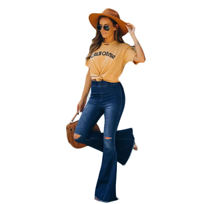 

Dark blue Elastic Waist Sexy slimming Ripped womens bell bottoms jeans flared jeans for women