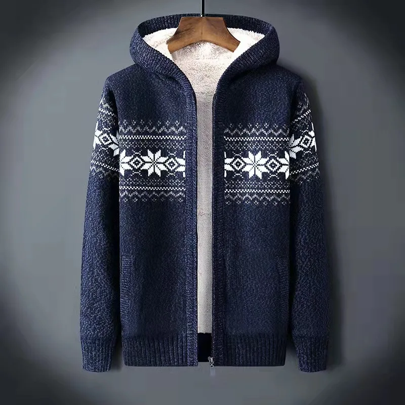 

2022 custom men sweater zipper tweed inside knitwear coat autumn winter thick stand up collar jacquard knit cardigan sweater
