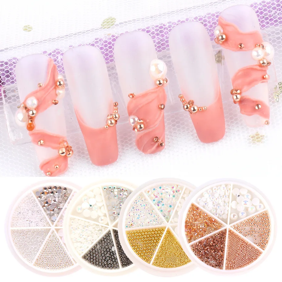 

1 Wheel Mixed Sizes Beads Nail Decorations Silver Gold Grey Stone Manicure Rhinestone Nail Art Accessories, Gold silver grey, colorful, rose red