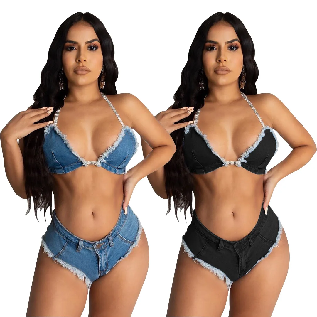 

Latest design summer halter lace up tassel bikinis woman swimwear backless swimsuits 2021 jean 2 pieces bikini set