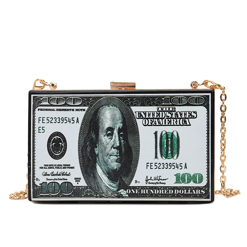 

Hot sales Acrylic Dollar sign bags PVC Messenger bag creative Dollar Money Clutch female Banquet bag