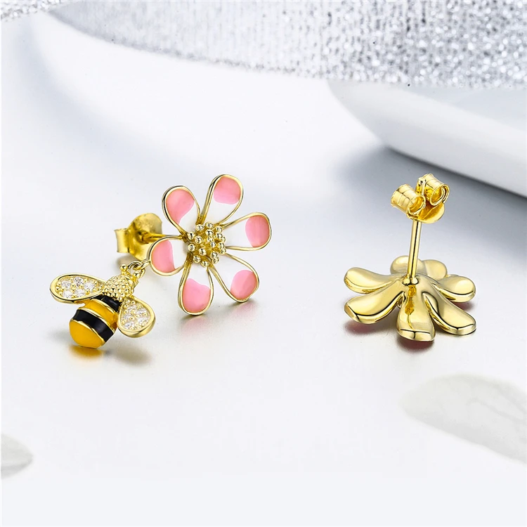 2019 Qings Odm/oem Bee Flower Earrings 925 Sterling Silver Plated Gold ...