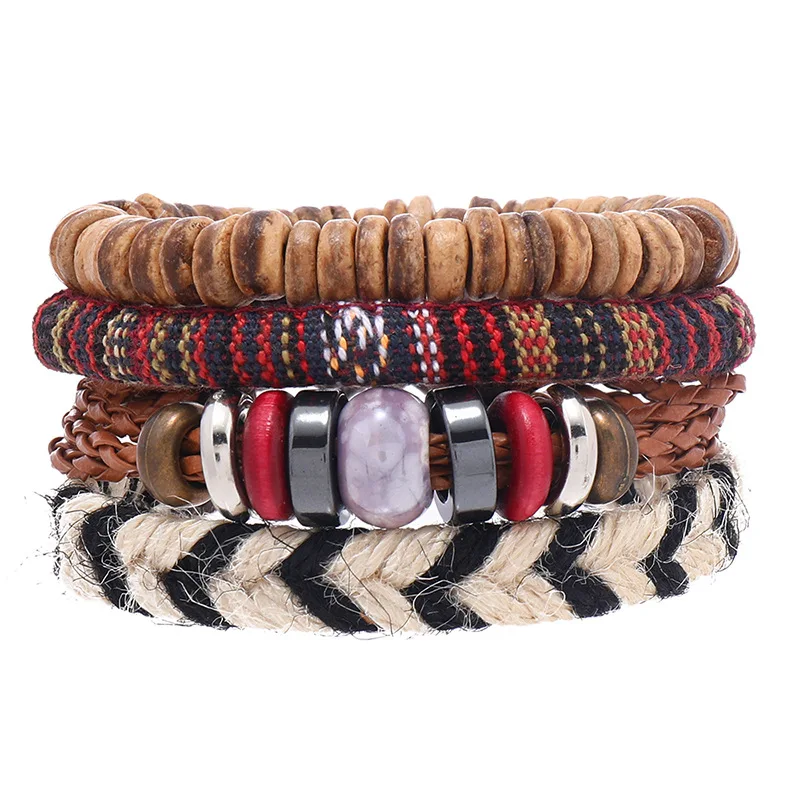 

Men Weave Hemp Rope 4 PCS/Set Leather Bracelet Set Simple Vintage Jewelry Set Bead Bracelet