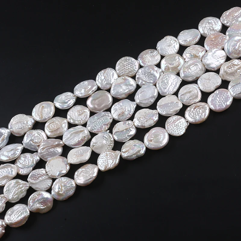 

15mm White Natural Loose Beads Freshwater Coin Pearl Strand, White(customized)