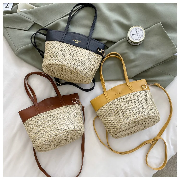 

factory wholesale ladies latest crossbody tote luxury bucket bag fashion korean beach rattan hot sale bags, Black