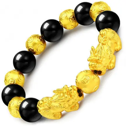 

Natural Stone Beads Pixiu Black Wealth Feng Shui Meaning Bracelets Obsidian, Gold, silver