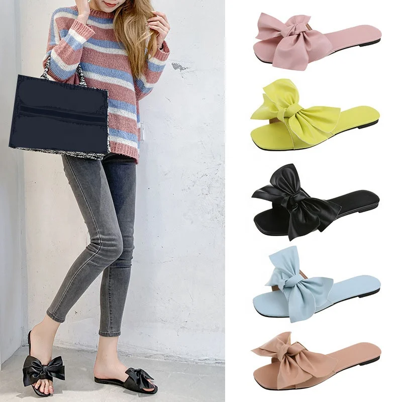 High quality women shoes slipper flat Casual Women Jelly Slide Slippers PU Sandals Outdoor Casual Flat Slide Slippers With Bow, 5 color options