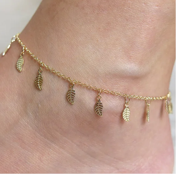 

Shangjie OEM Simple and delicate small leaf tassel anklet bohemian anklet hotwife charm anklets, Gold/sliver