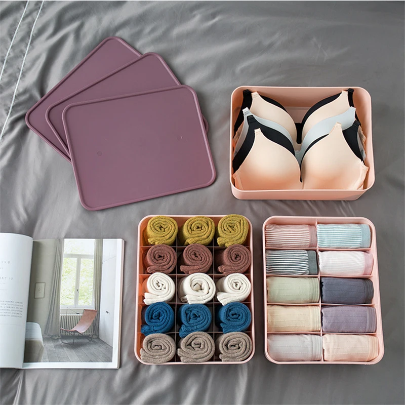 

Multi Size Underwear Bra Organizer Storage Box Save Space Drawer Closet Organizers Boxes Organizer with Cover for Underwear Sock, As pic