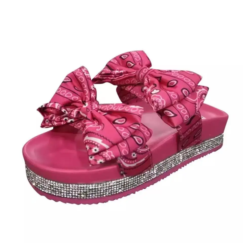 

Summer 2021 new thick - soled rhinestone printed one-word ribbon muffin and slippers, As shown in figure