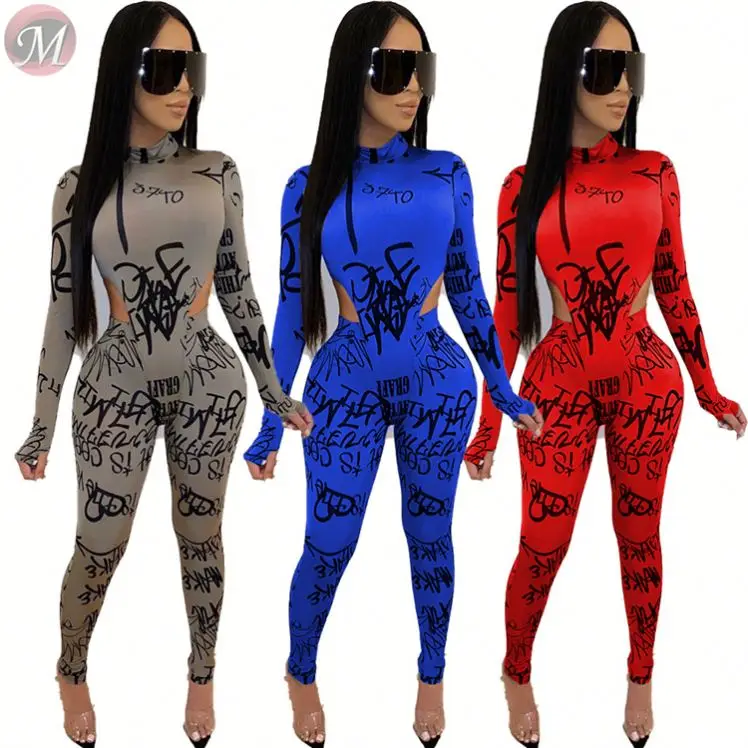 9111201 high quality letter print long sleeve bocysuit bodycon club two piece outfits set women clothing