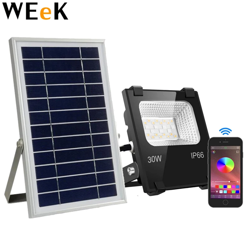 Bluetooth LED Flood Light Solar Power RGBW 30W APP Remote Control Smart House Floodlights IP65 Outdoor LED Spotlight Group Contr