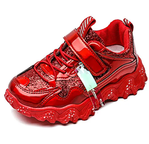 

Children Shiny Red Sport Shoes Kids Girl School Shoes Fashion Glitter Air Cushion Platform Sneaker Shoes