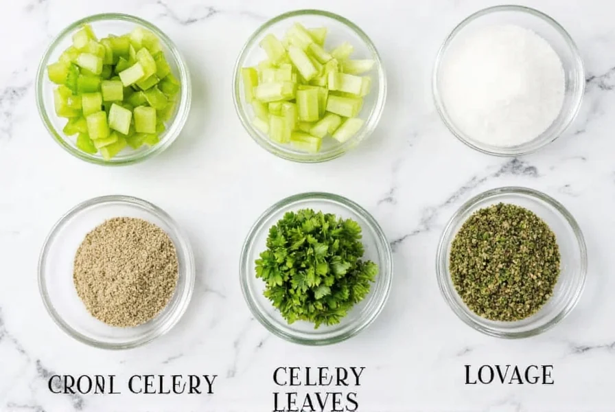 Close-up comparison of celery seed alternatives including celery salt, fresh celery, celery leaves, and lovage in small bowls
