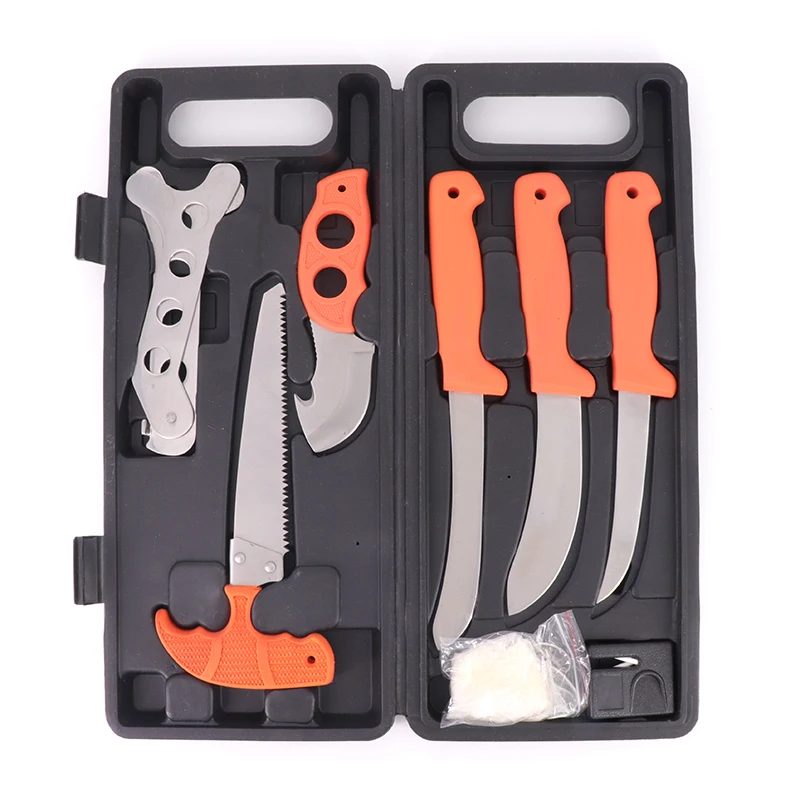 

Multipurpose Wild Field Hunting Knife Kit Portable Butcher Processor Set With Carrying Case, Orange