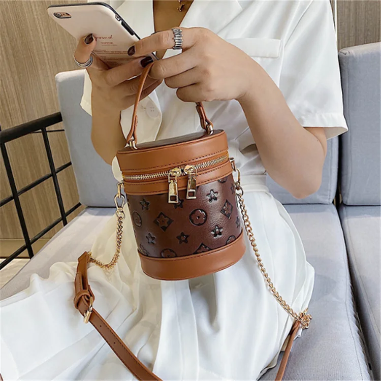 

Designer leather cylindrical women's handbag bucket hand bag, Beige, yellow, green, brown