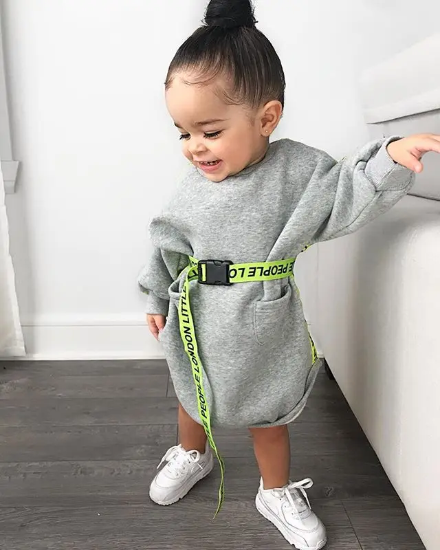 

Gray Letter Dress Neon Green Belt Fashion Toddler Baby Sport Casual Outfit Kid Girl Clothes Hot Sale