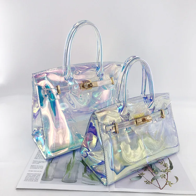 

HB053 2021 fashion Europe laser transparent girls clear crossbody beach chain handbag ladies jelly shoulder bag