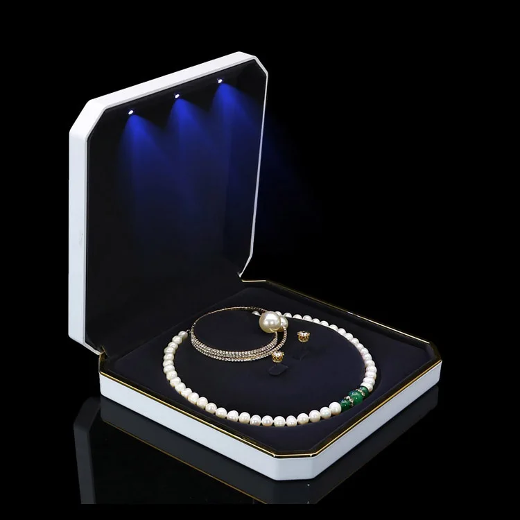 

Ring necklace pendant gift case led light custom white jewelry box
