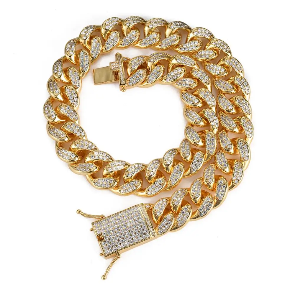 

20mm Wide Miami Cuban Link Chain Necklace 16" 18" 5a cz Paved Iced out Bling Women Men Hip Hop Jewelry, Gold/silver