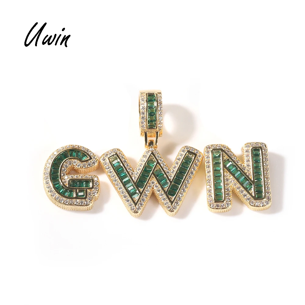 

UWIN Iced Out Zircon Green Baguette Letter Pendant Custom Name Necklace Connected Letter Rapper Jewelery