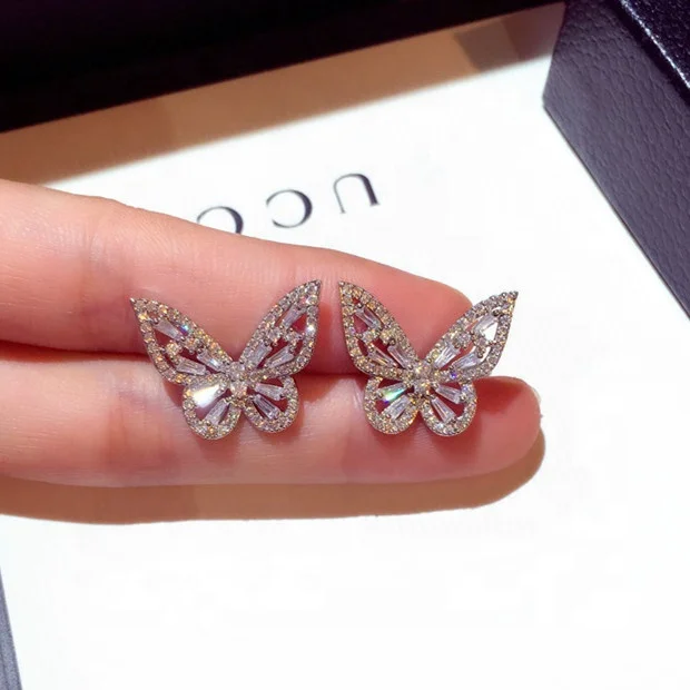 

100% 925 Sterling Silver Zircon butterfly Earrings for Women Luxury Geometric Cubic zircon Stud Earrings Fashion Party Jewelry, Picture shows