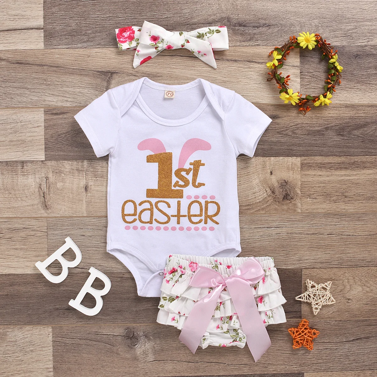 

Wholesale Baby Cartoon Print Short Sleeve Tops Mulitlayer Trangle Shorts with Bowknot