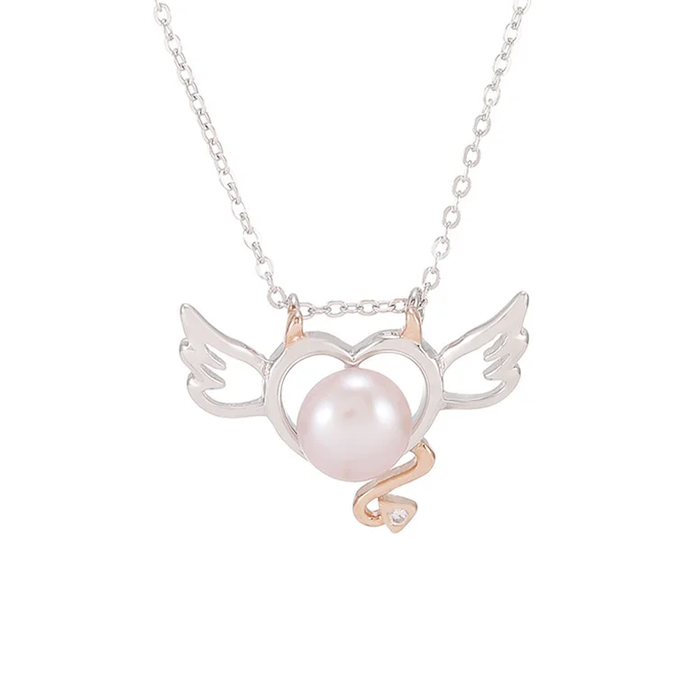 

Hawaiian 18k gold jewelry women 925 sterling silver heart pendant with angel wings pearl necklace