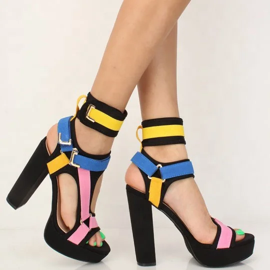 

Colorful Strappy Chunky Heel Pumps Women Buckle Open Toe Shoes Platform Sandals High Heels, Black white gold
