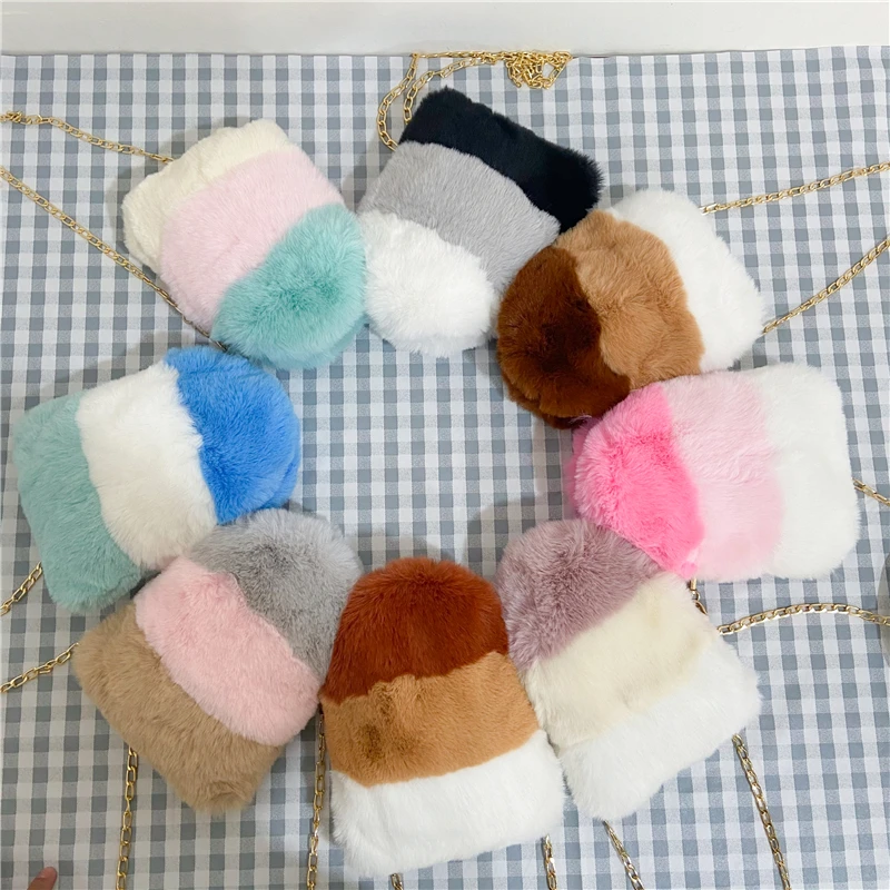 

Mini Plush Phone Bag Stitching Mulit Color Fur Crossbody Purses For Women