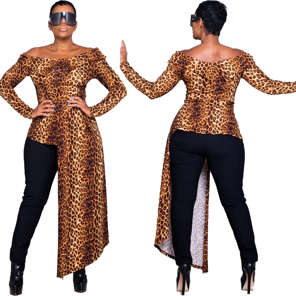

B52012A Leopard printed women fashion long sleeve sexy irregular blouse
