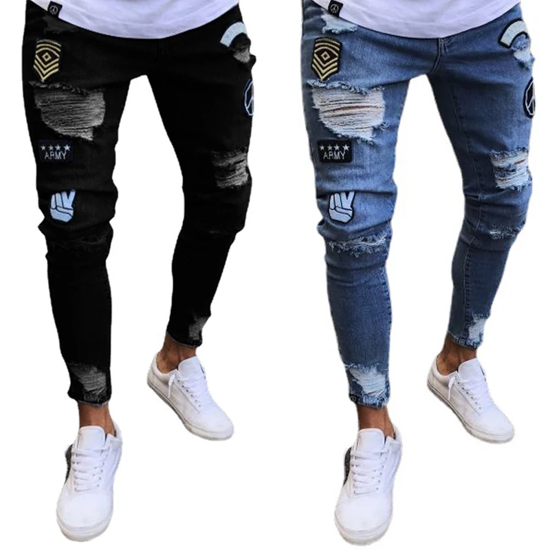 

2021 street style men's worn-out badge slim-fit trousers ripped art patch denim skinny motorcycle pencil white pants jeans, Picture shows