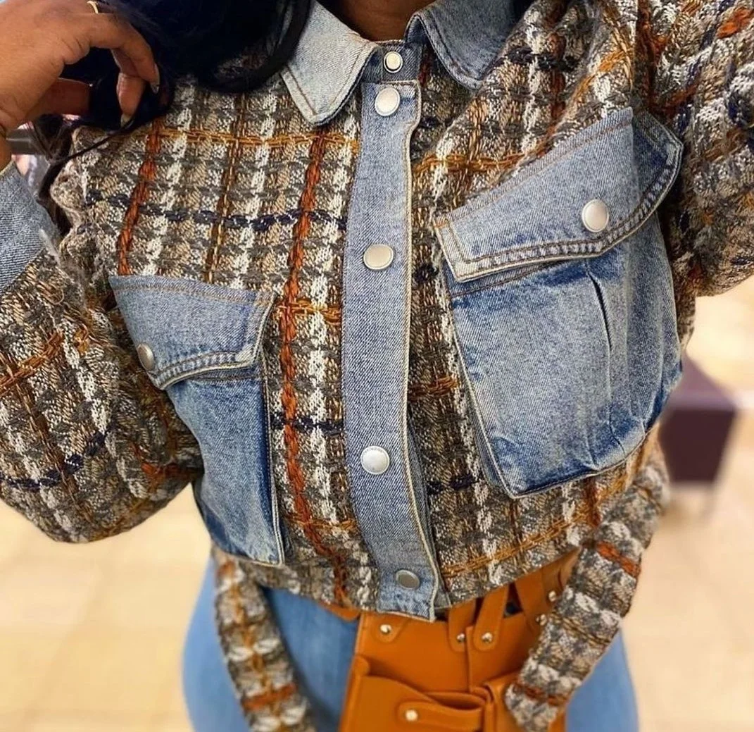 

Ladies Luxury Motorcycle Fall Patchwork Denim Jeans Plaid Coat Windbreaker Short Style Designed Winter Jacket Coats For Women