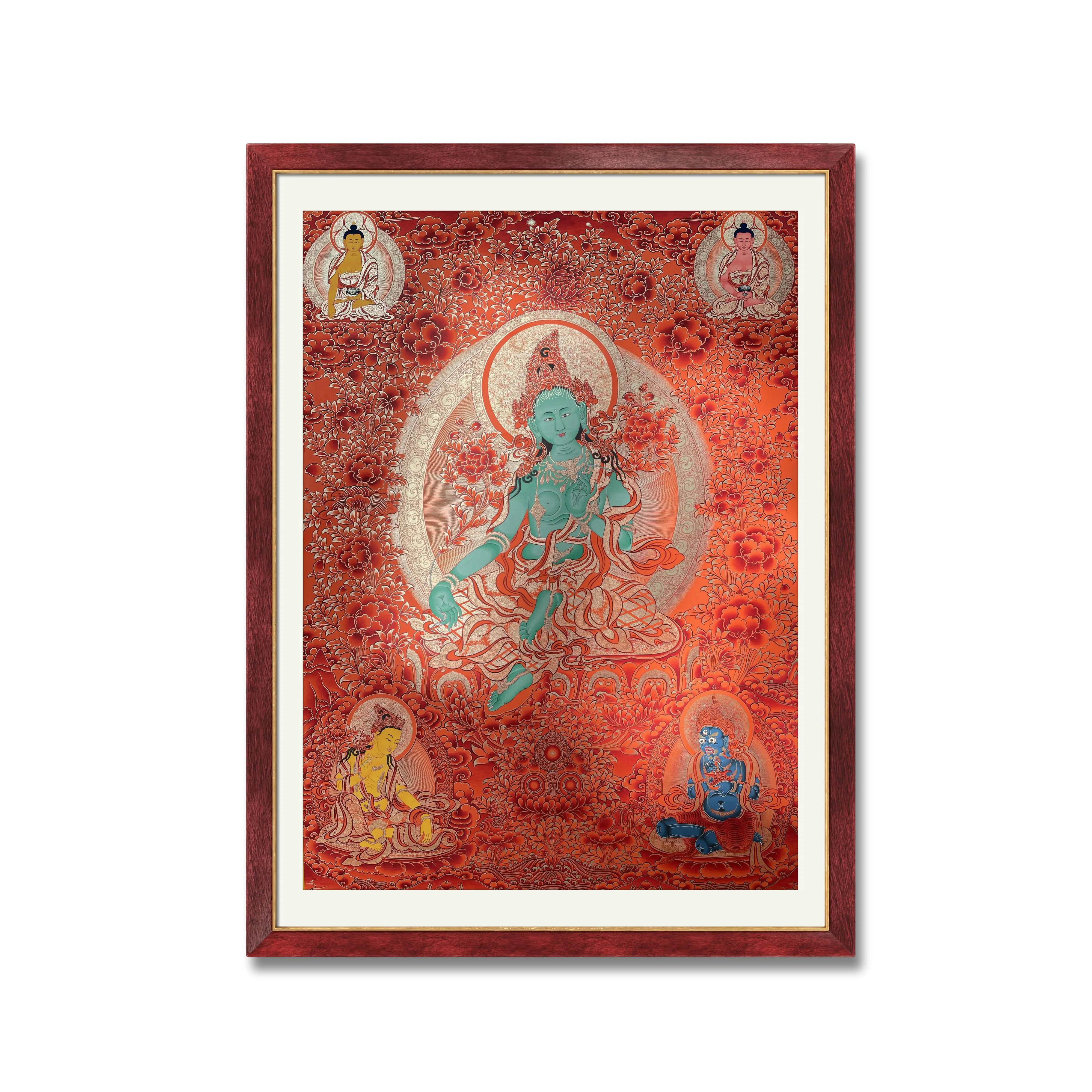 

Hand painted custom pure gold hand painted Buddhist portrait Green Tara Thangka