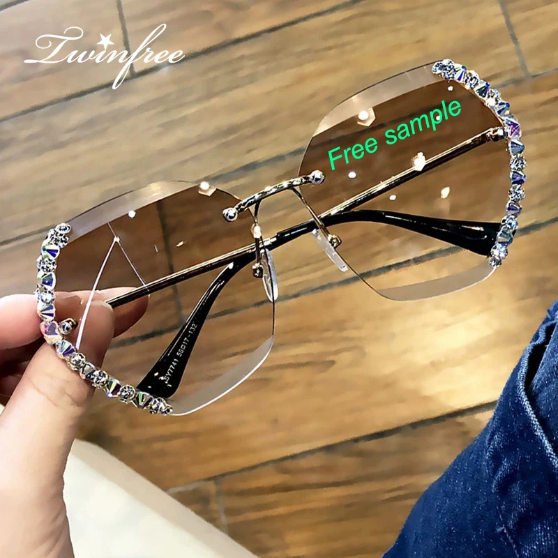 

Sunglasses 2021 Manufacturer Designer Fashion Rimless Vintage Shades Rhinestone Bling Sunglasses Women, 6 colors