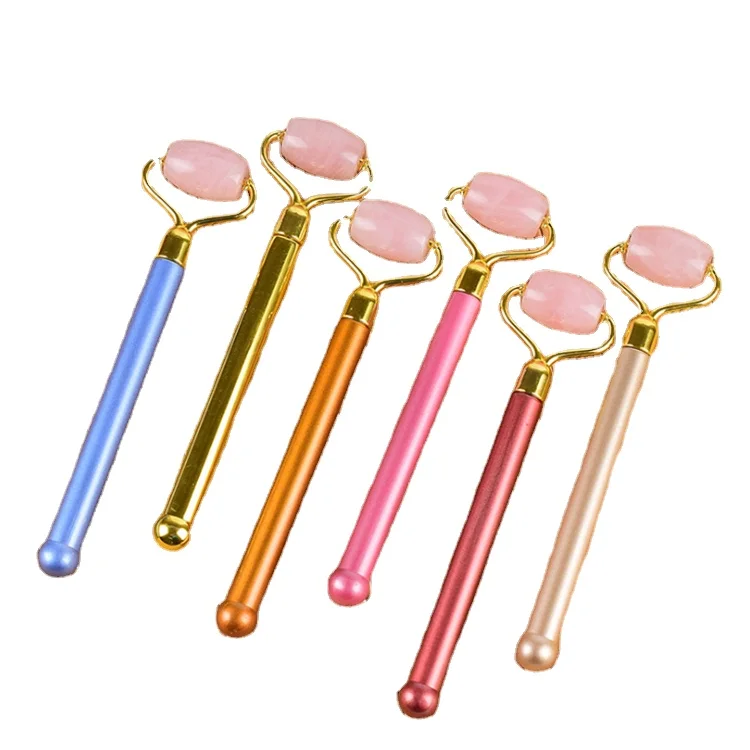 

Latest Natural metal rod Rose Quartz Jade Roller For Facial Massage And Beauty tools, Pink