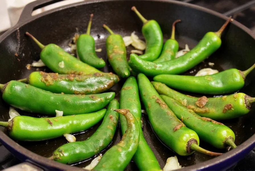 Fresh serrano peppers being roasted in a cast iron skillet with garlic and onions