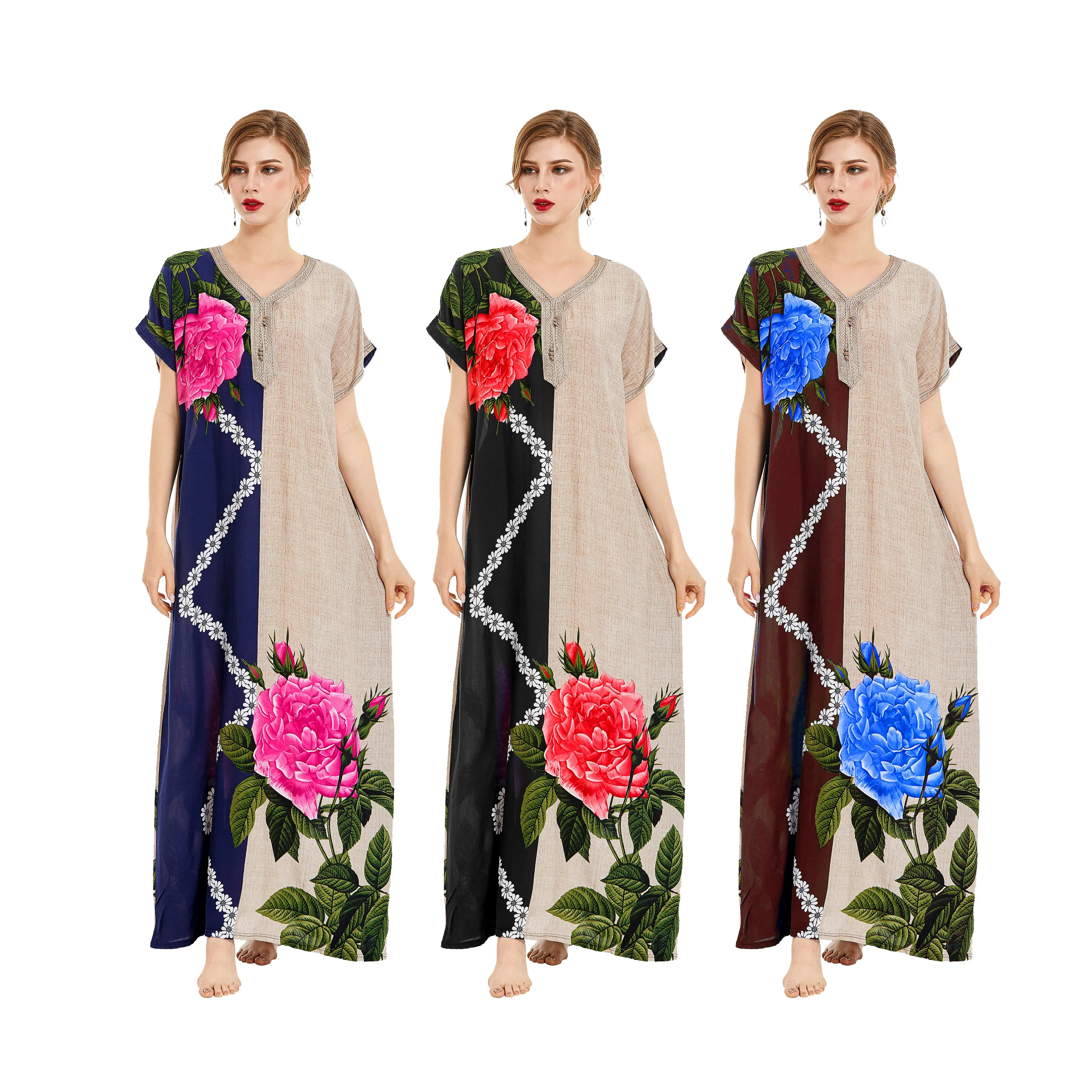

Ankle length women floral dress Ramadan islamic arabic dresses for women, 3 color