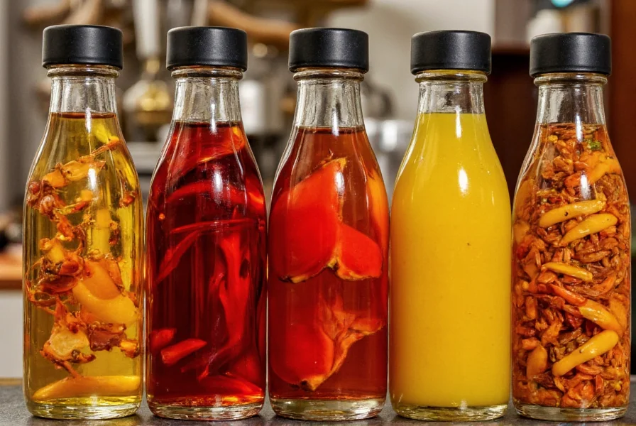 Various chili oil variations in glass bottles showing different colors and textures based on ingredients used