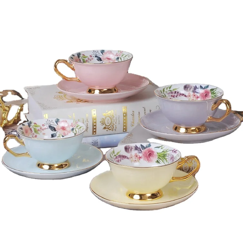 

English Ceramic Household Gifts Floral Porcelain Afternoon Tea Cups And Saucers Set With Box, Blue/yellow/purple/pink