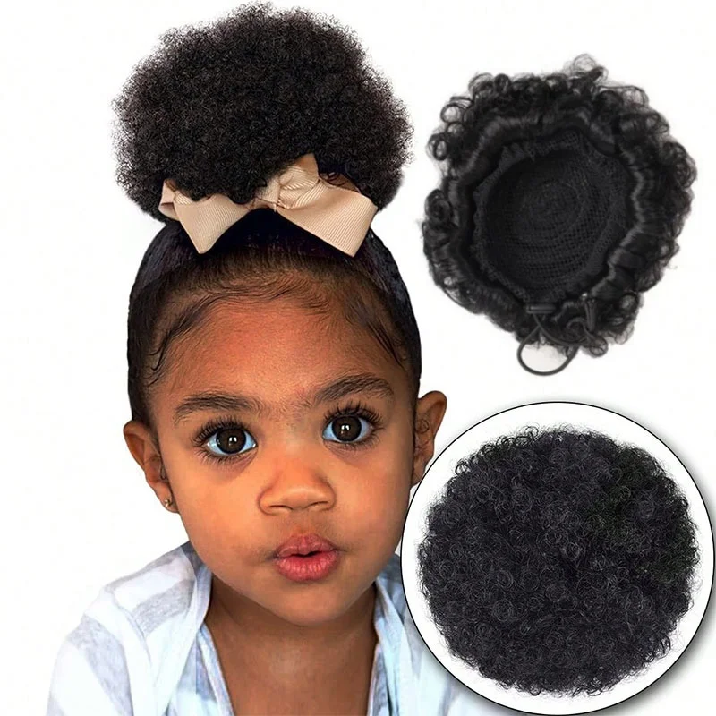Wholesale 4inch Kids Afro Wig Hair Bud Fluffy Afro Matte High Temperature Silk Children's Hair Bun in Stock