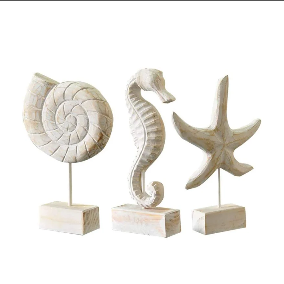 

3pcs Modern Statue Starfish Conch Seahorse Figurines Beach Nautical Style Table Sculptures