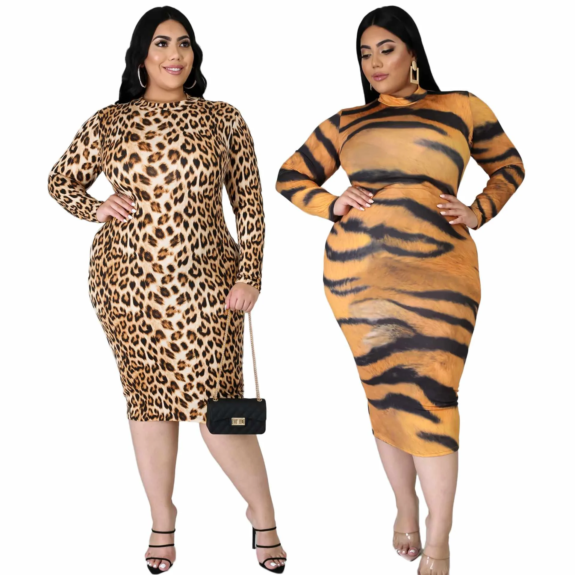 

Plus Size Women's Leopard Print Long Dress Women's Fashion Street Long Sleeve Dress, Picture color
