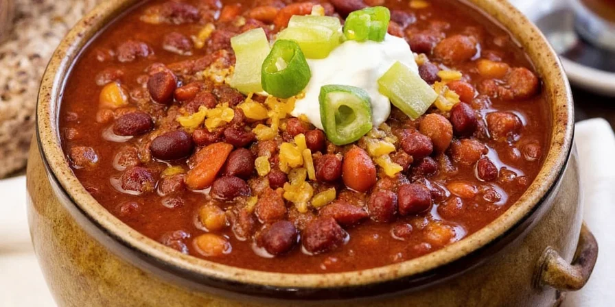 Crockpot showing layers of meat, beans, tomatoes, and spices