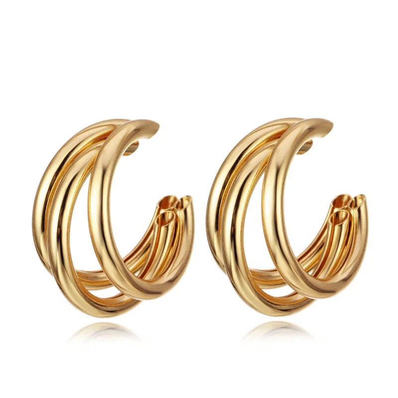 

Korean Fashion Designer Hot Sale Geometric Personality 18K Gold Plated Three Layered C Shaped Hoop Earrings For Women Jwellary, 4 colors to choose
