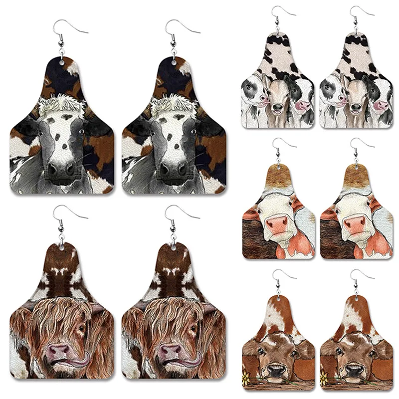 

Dairy Cattle Farm Cow Print Animal American Western Cowboy Style Retro Leather Earrings PU Personalized Earnings Fancy Jewelry