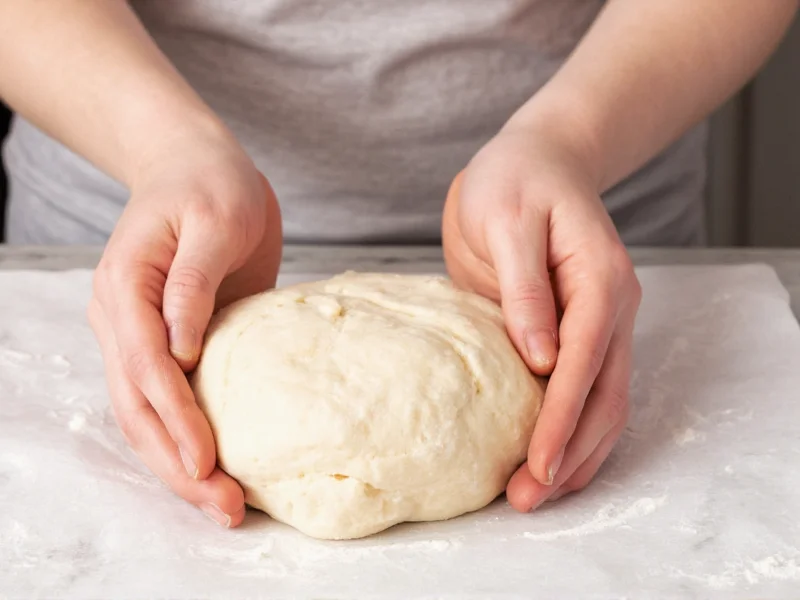 Hands shaping no-knead bread dough into a round loaf