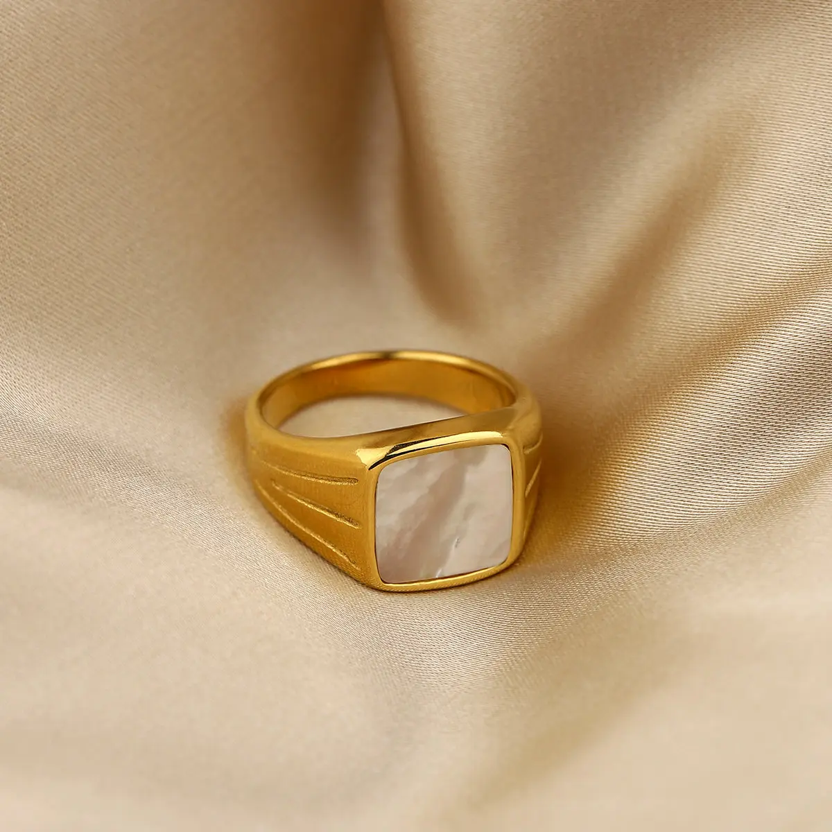 

Unique black enamel square signet ring Chic Jewerly 18k gold plated Stainless Steel Natural White Shell Ring