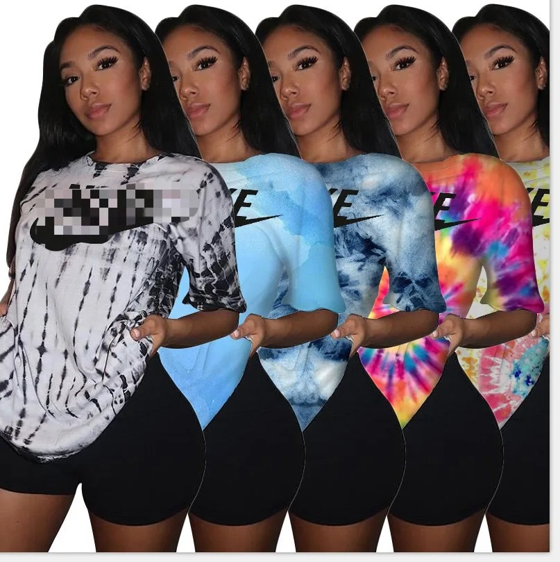 

European and American fashion women's clothing factory direct sales letter printing two-piece summer tie-dye short-sleeved suit